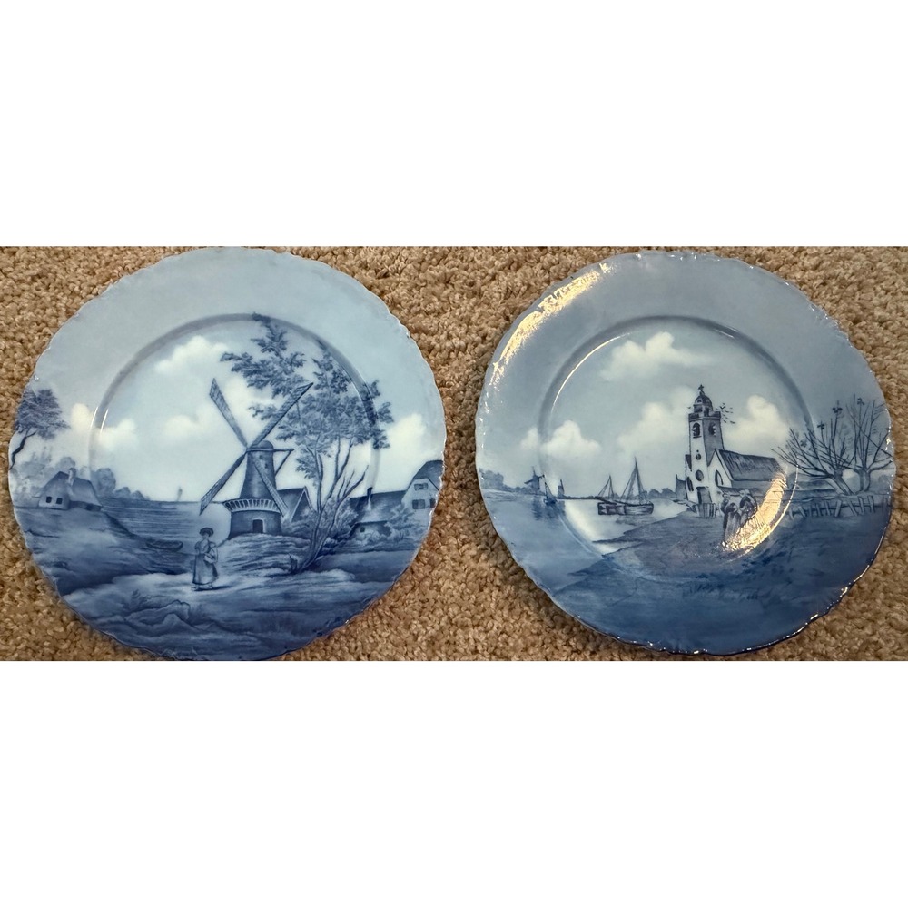 KPM Versailles Germany Delft Blue White Porcelain Plates Windmill Church Set 2